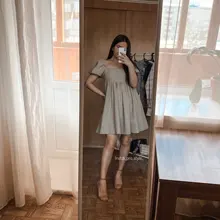 Ladies Dress Puff-Sleeve Square Collar Linen Khaki Vintage High-Waist Casual Summer Women