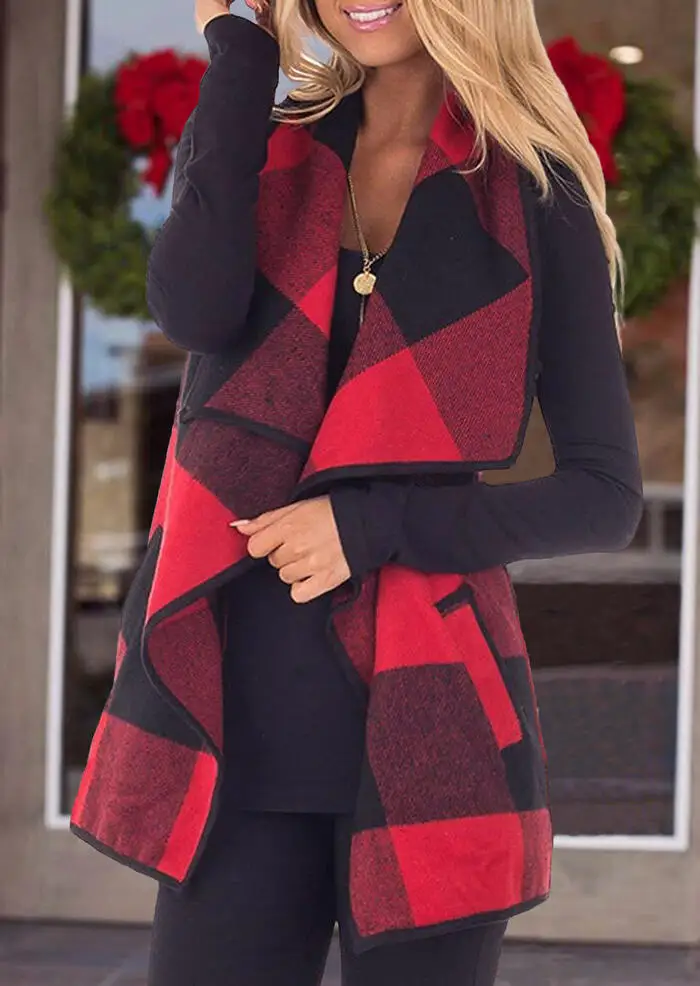 

Women Plaid Pocket Shirt Sleeveless Vest Cardigan without Necklace Autumn Long Tops Red Shirts Casual Loose Cotton Blouse