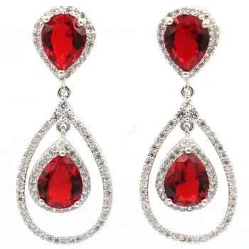 

42x17mm Anniversary Long Water Drop Created Red Blood Ruby For Women Silver Earrings Wholesale Drop Shipping