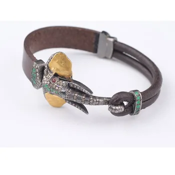 

Men Elephant 24K Gold and Silver Cuff Bracelet, Emerald Ruby and Diamond Stone Bracelet for Man, 24K Gold Elephant Animal