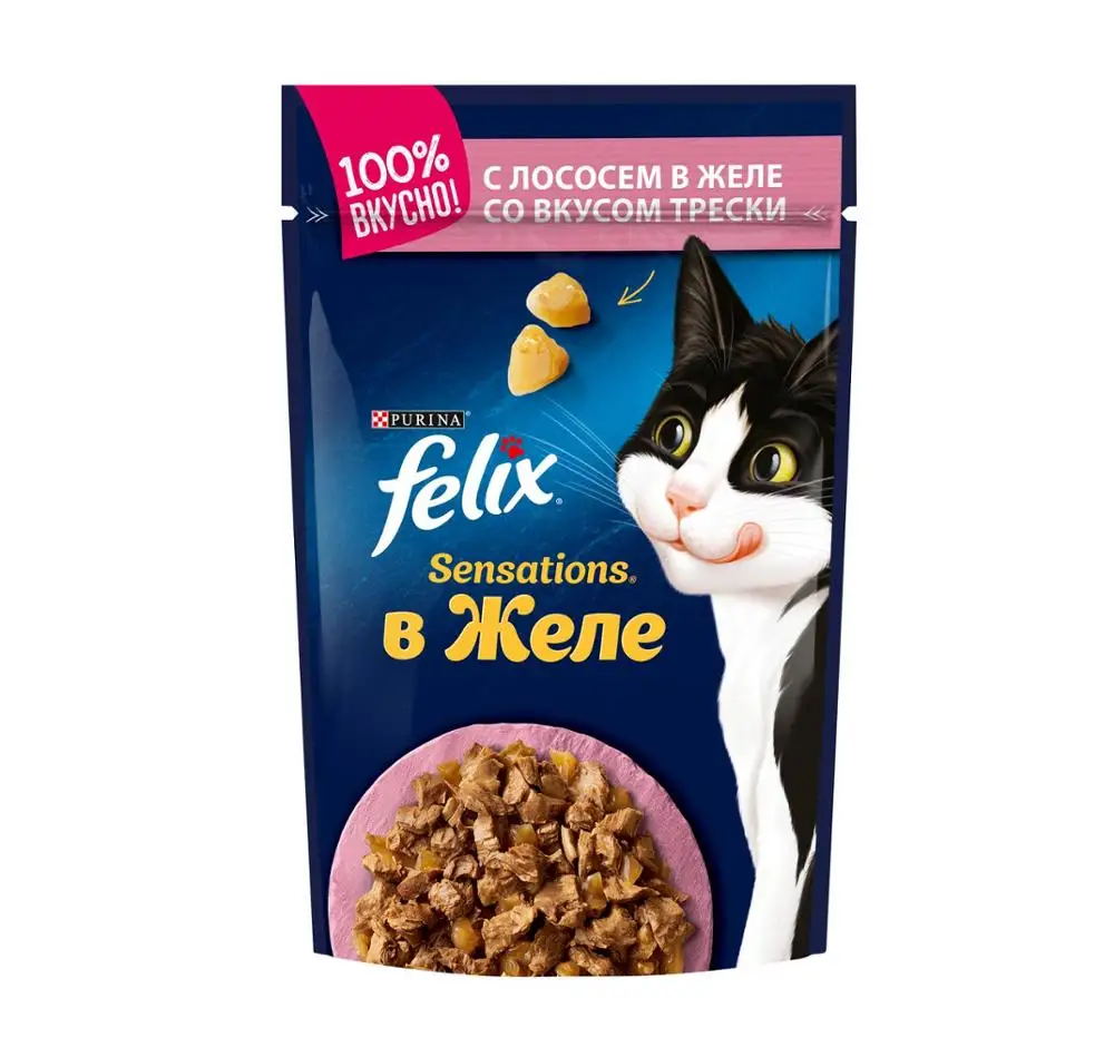 Корм для кошек Felix Sensations с лососем в желе со вкусом трески 85г 24 шт упаковке | Дом и