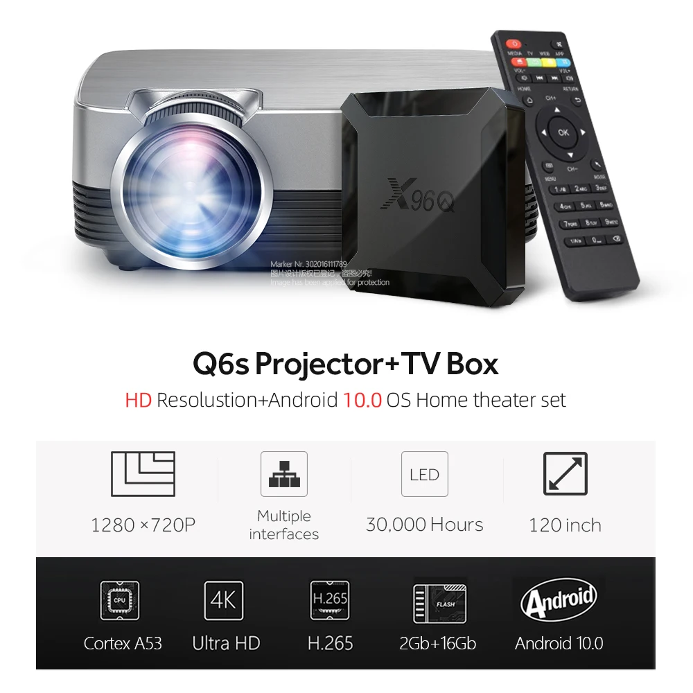 Мини проектор AUN Q6/s (дополнительно Android 10 TV Box) видеопроектор 1280x720P. Портативный 3D