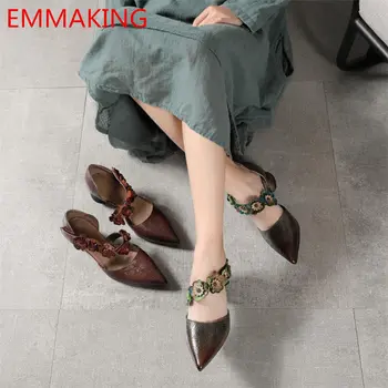 

EMMAKING Retro Handmade Pumps Women Shoes Genuine Leather Ankle strap round heel pointed toe shoes women Freeshipping