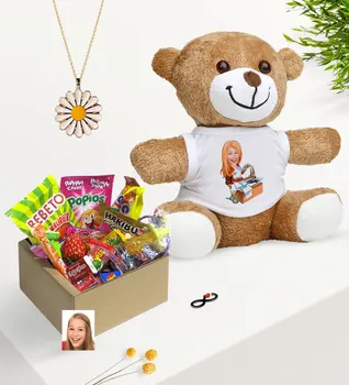 

Personalized Women 'S Boss Caricature Of Nostalgic Lezzetler Plush Teddy Bear Daisy Necklace Gift Seti-6