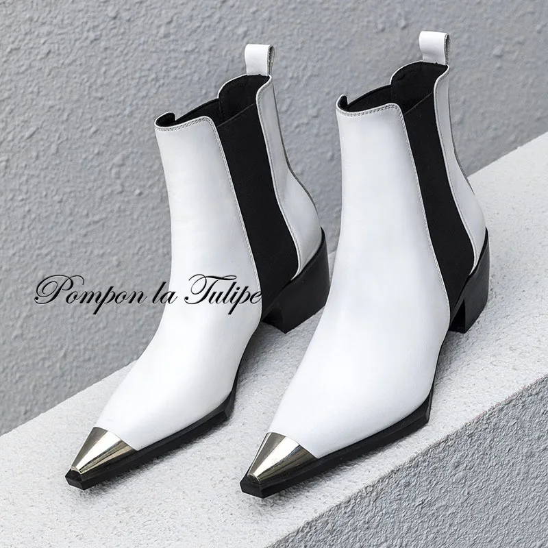 

BHS 9011178 Stylish Pointed Toe Genuine Cow Leather Elastic Band Patchwork 5CM Chunky Heel Mid Calf Women Fashion Chelsea Boots