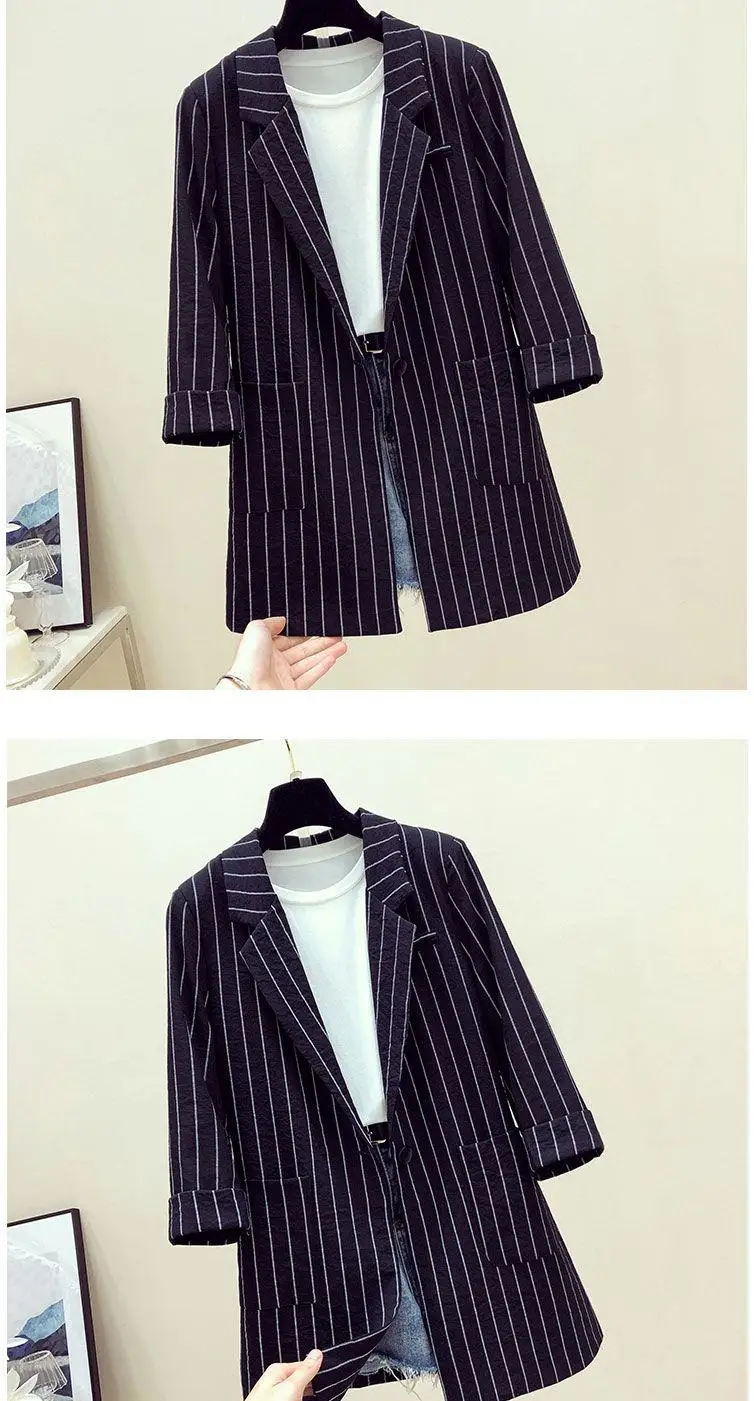 Spring / summer new loose British stripe Blazer sunscreen coat women's medium length thin casual suit UT073