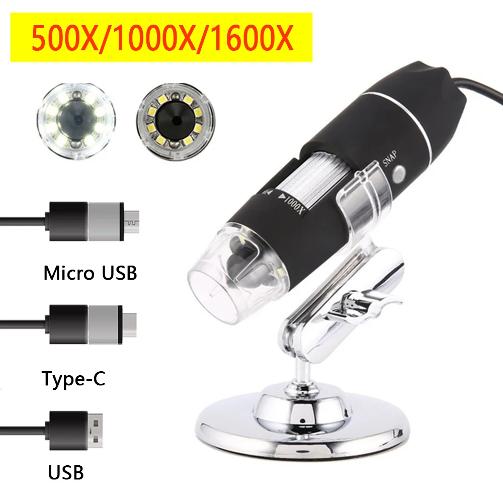 500X/1000X/1600X Portable Handheld Digital Microscope 3 In 1 USB Type C Micro Interface Electron