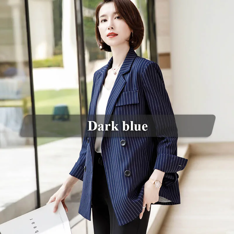 Dark blue Lenshin двубортный пиджак в полоску свободная Хай-стрит Повседневное Модная стильная куртка Офисные женские туфли верхняя одежда - Цвет: Dark blue