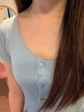 T-Shirt Women Tops Button-Crop-Top Short-Sleeve O-Neck Basic Blue Ruffles Casual Summer