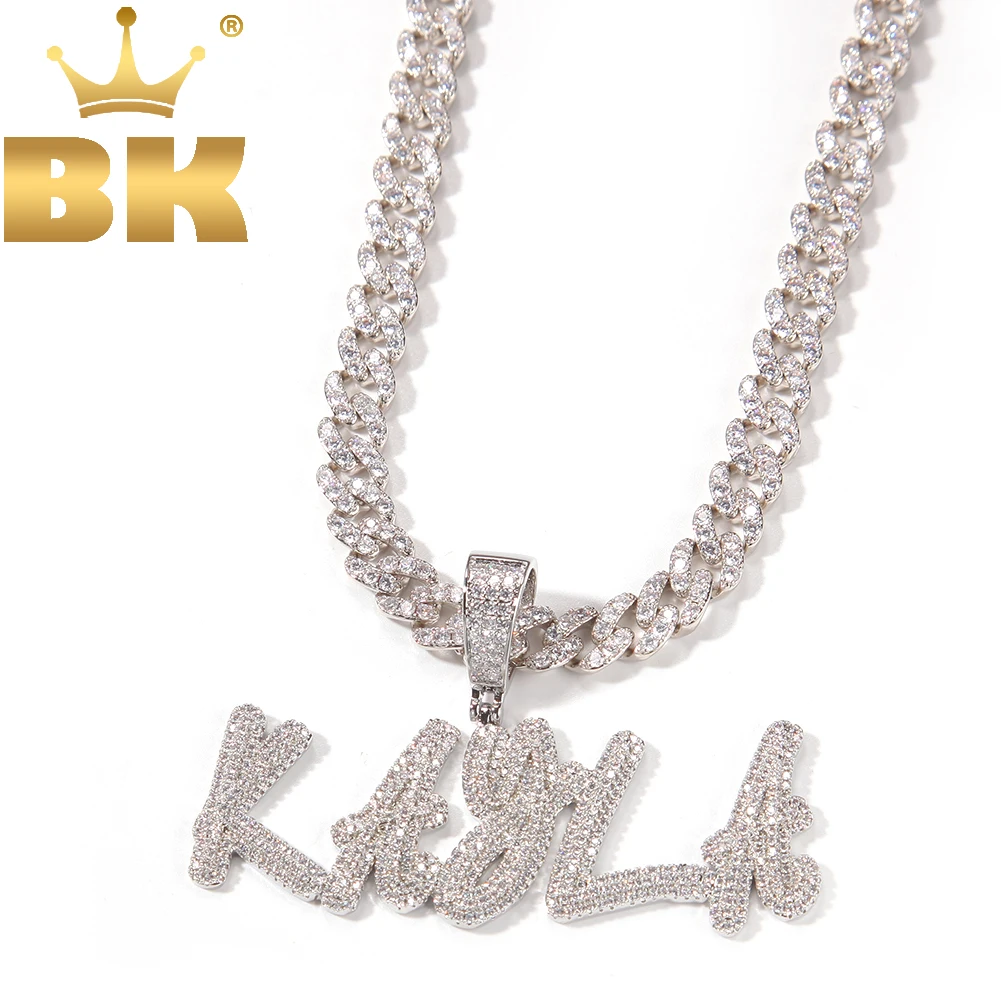 THE BLING KING Custom Letters Double Layer Cursive Pendant Iced Out 9mm Cuban Link Chain Necklace with Name Charm Hiphop Jewelry