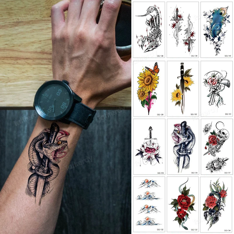 12pcs/set Hand Finger Wrist Tattoo Sticker Small Size Waterproof Men Tattoo  Dragon Snake Scorpin Skull Temporary Tattoos Boy - Temporary Tattoos -  AliExpress