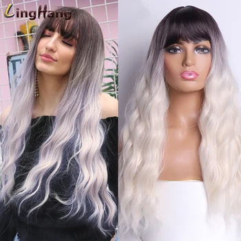 

LING HANG Wigs For Women Long Wavy Wigs With Bangs 20 Inch Blonde Wig 18 Colors Available Synthetic Hair High Temperature Fiber