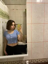 T-Shirt Women Tops Button-Crop-Top Short-Sleeve O-Neck Basic Blue Ruffles Casual Summer