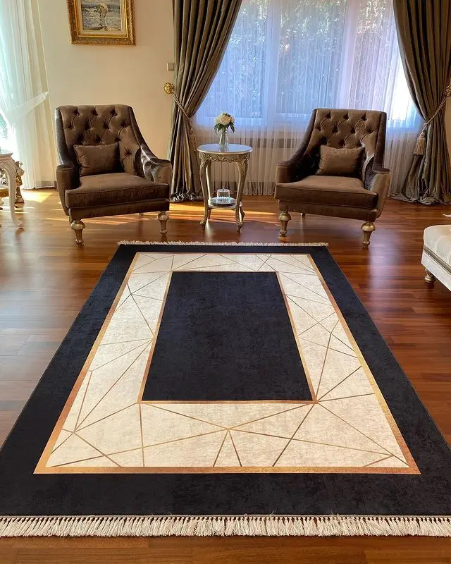 

Black Salon Rug Modern Gold Strips Washable Slip-free Thai Hair Antibacterial Fabric Premium Series