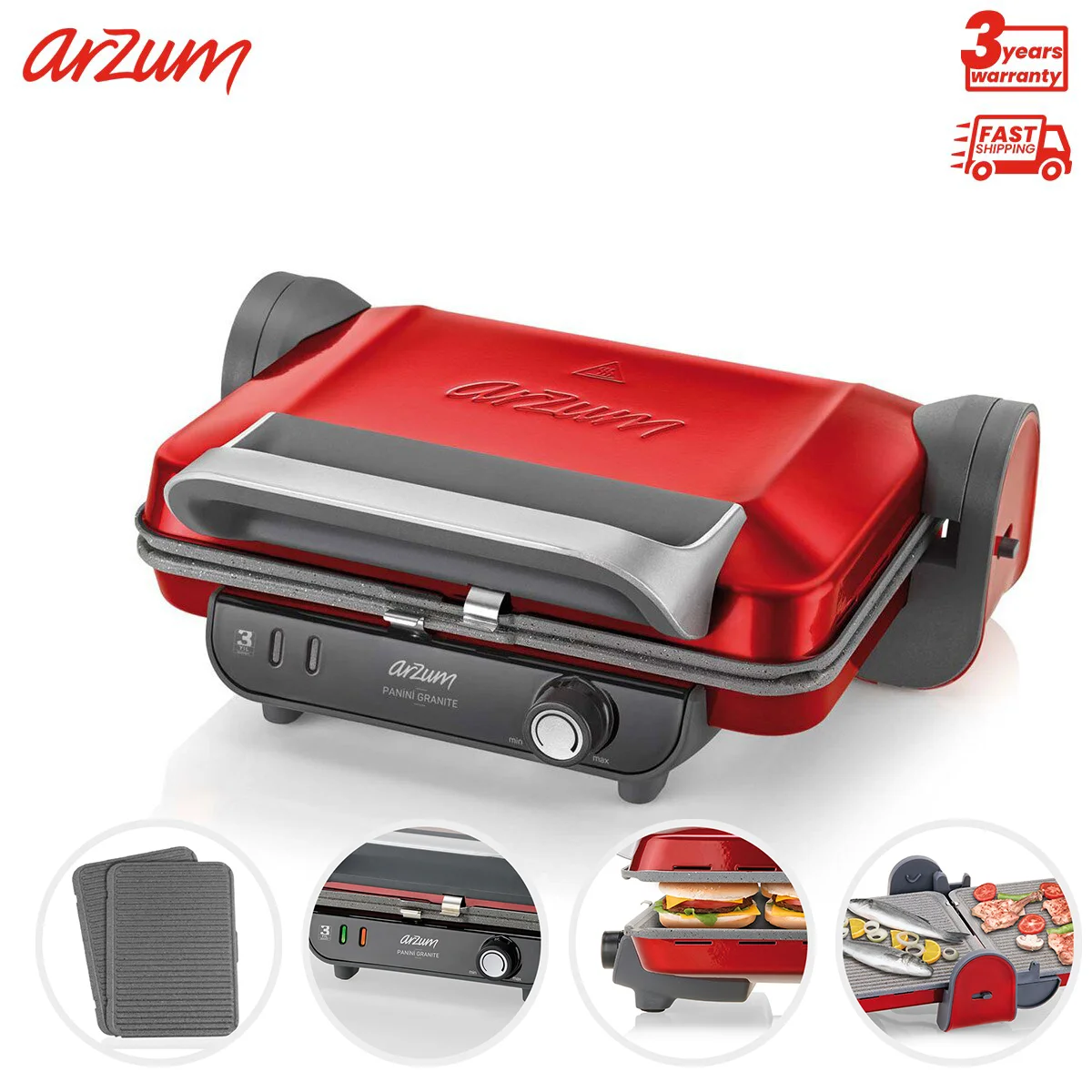 Arzum Panini Granite Grill And Sandwich Maker Electrical Sandwich Maker Breakfast Machine Household Baking Toaster With Floating Hinge System Granite Effect Removable Plates Vertical Storage Thermostat Light