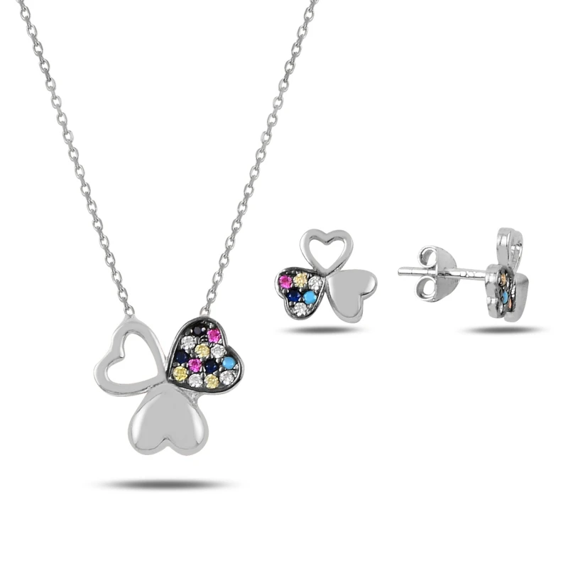 

Silver 925 Sterling Mixed Color Zircon Cubic Zirconia Clover Set
