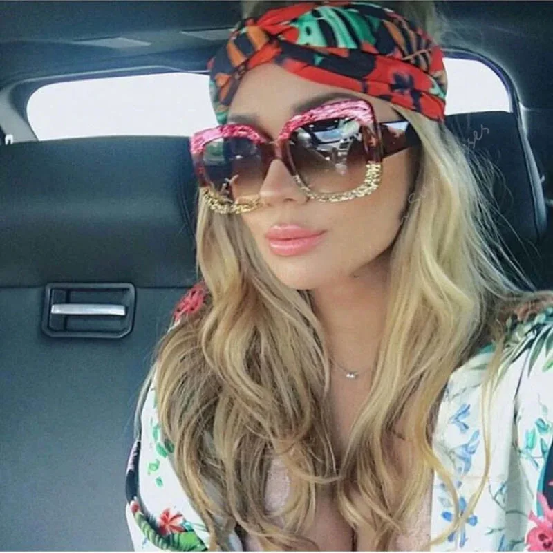 Glitter Oversized Square Sunglasses Women Fashion Plastic Shades UV400 Gradient Glasses Blue Golden Frames Eyewear Luxury Design |