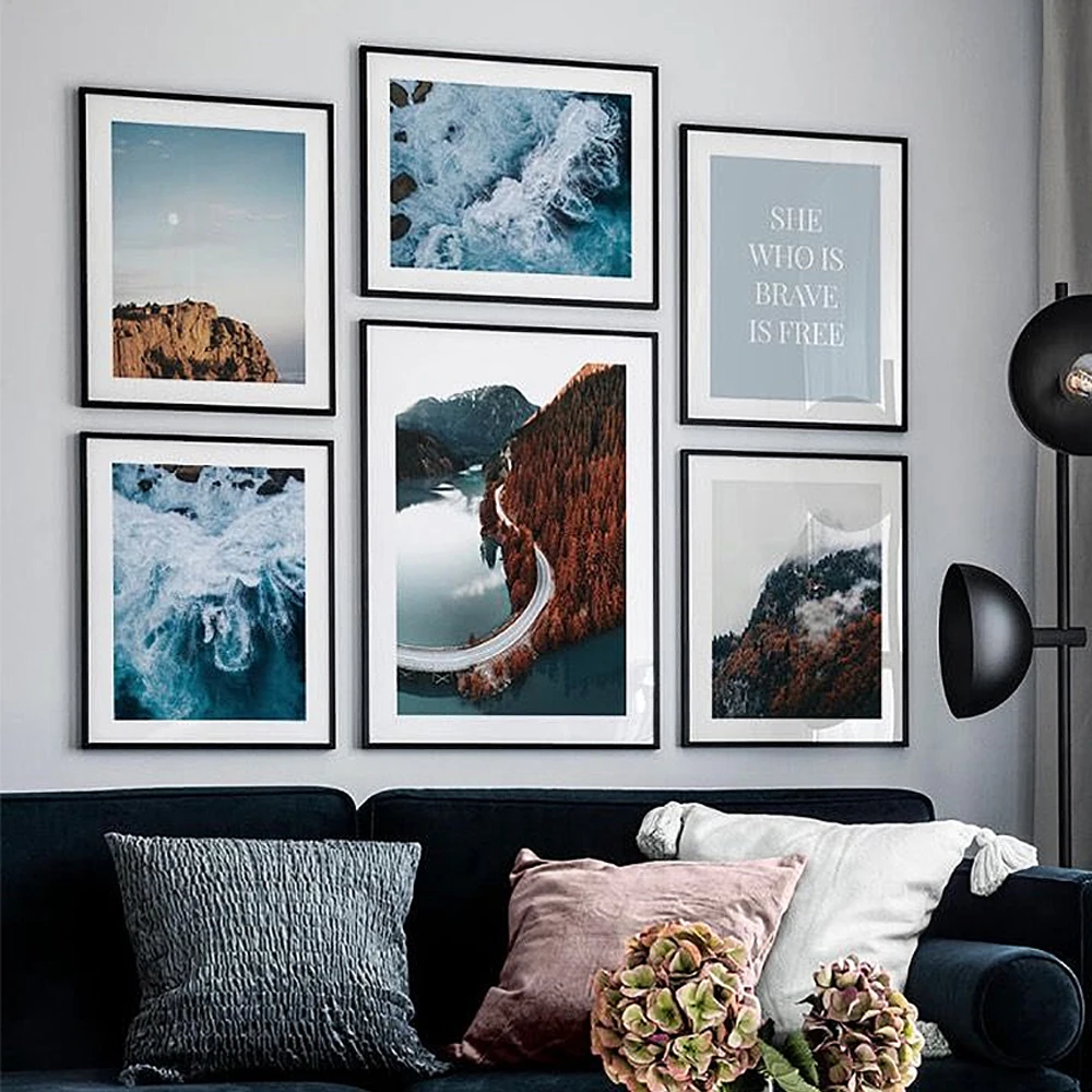 

Modern Mountain Landscape Canvas Posters Print Nordic Painting Ocean Waves Wall Art Pictures Living room Interior Home Decor