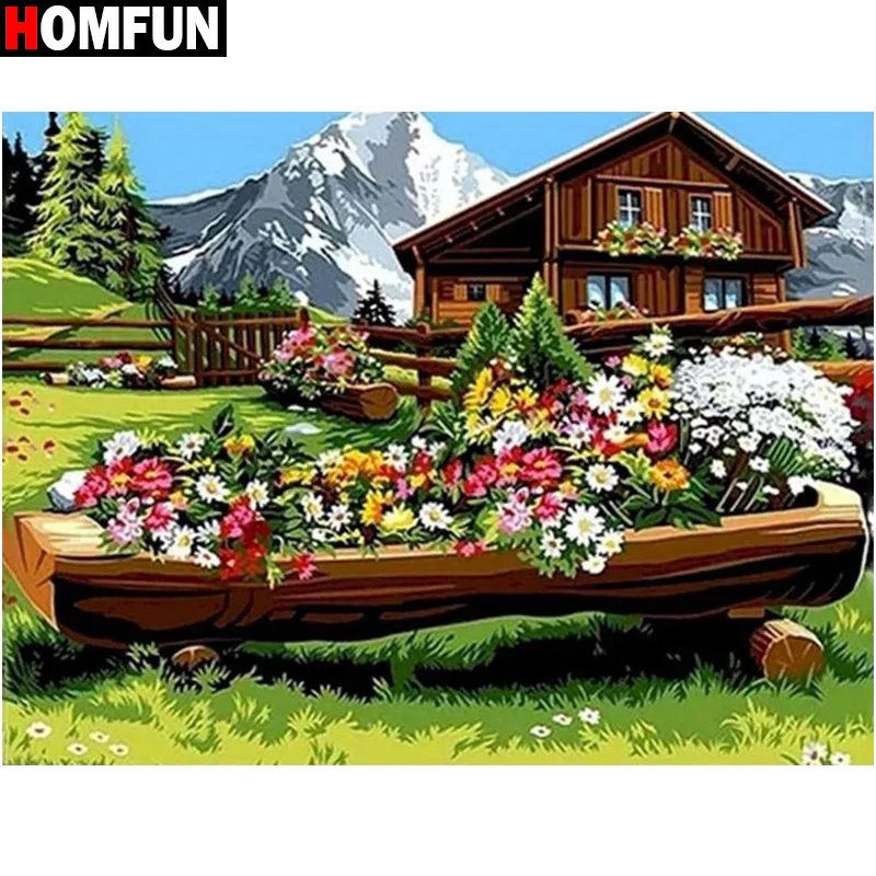 Homfun Pittura Diamante "House Flower Mountain" Trapano Quadrato/Rotondo Decorazioni Murali Intarsiato Resina Ricamo Artigianato Punto Croce