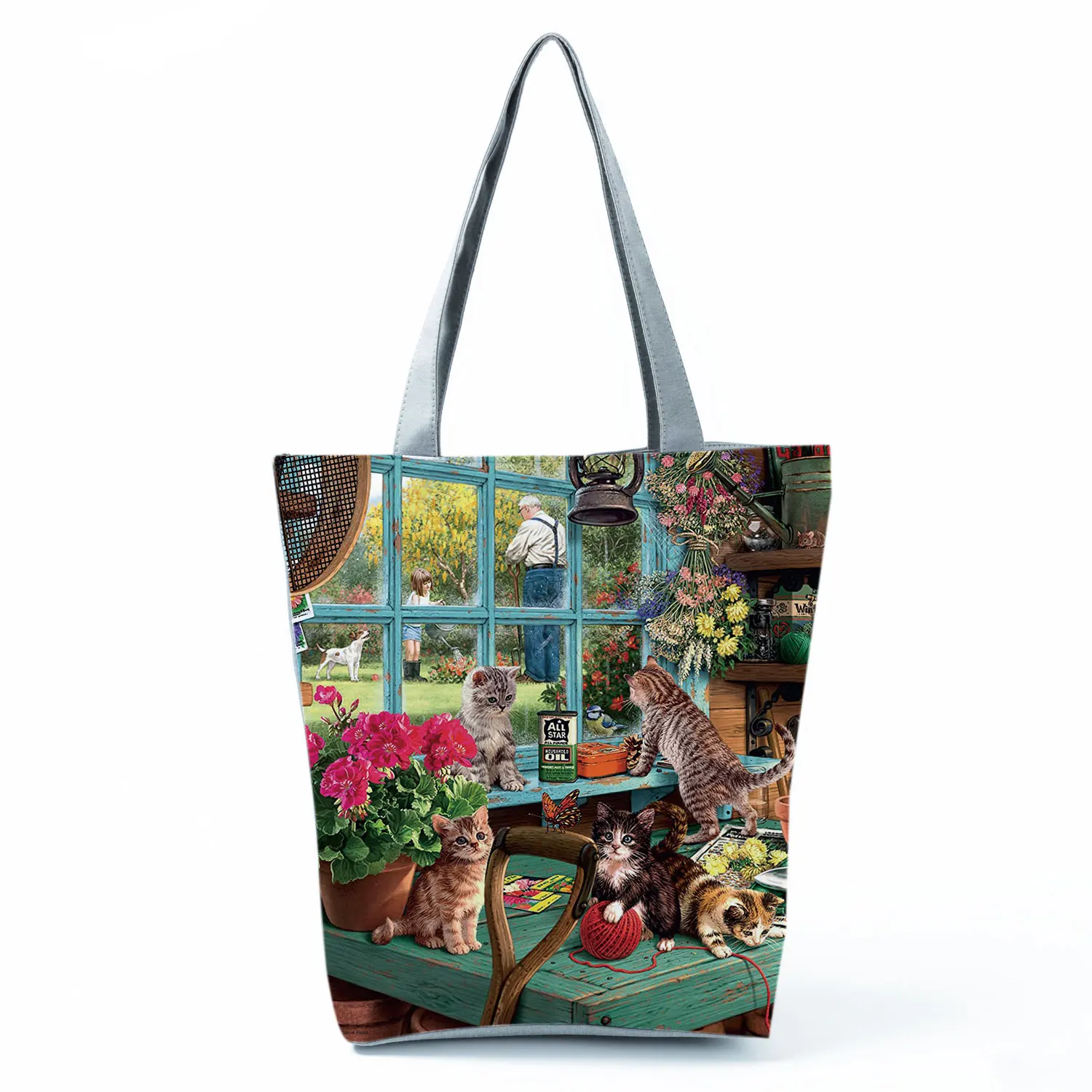 Customize Cute Oil Paint Cat Painting Print Women's Designer Tote Bags Fabric Eco Reusable Shopping Shopper Bag School Book Bag designer bags