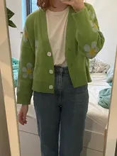 Estilo Preppy de punto con flores Cardigans suéter mujeres cuello en V suelto elegaht Thicked Pull Femme imprimir abrigo corto Casual