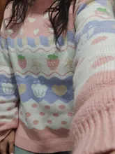 Suéter de punto Kawaii japonés para mujer, jersey de manga larga con estampado de fresa, Top de punto Rosa Vintage para Otoño e Invierno