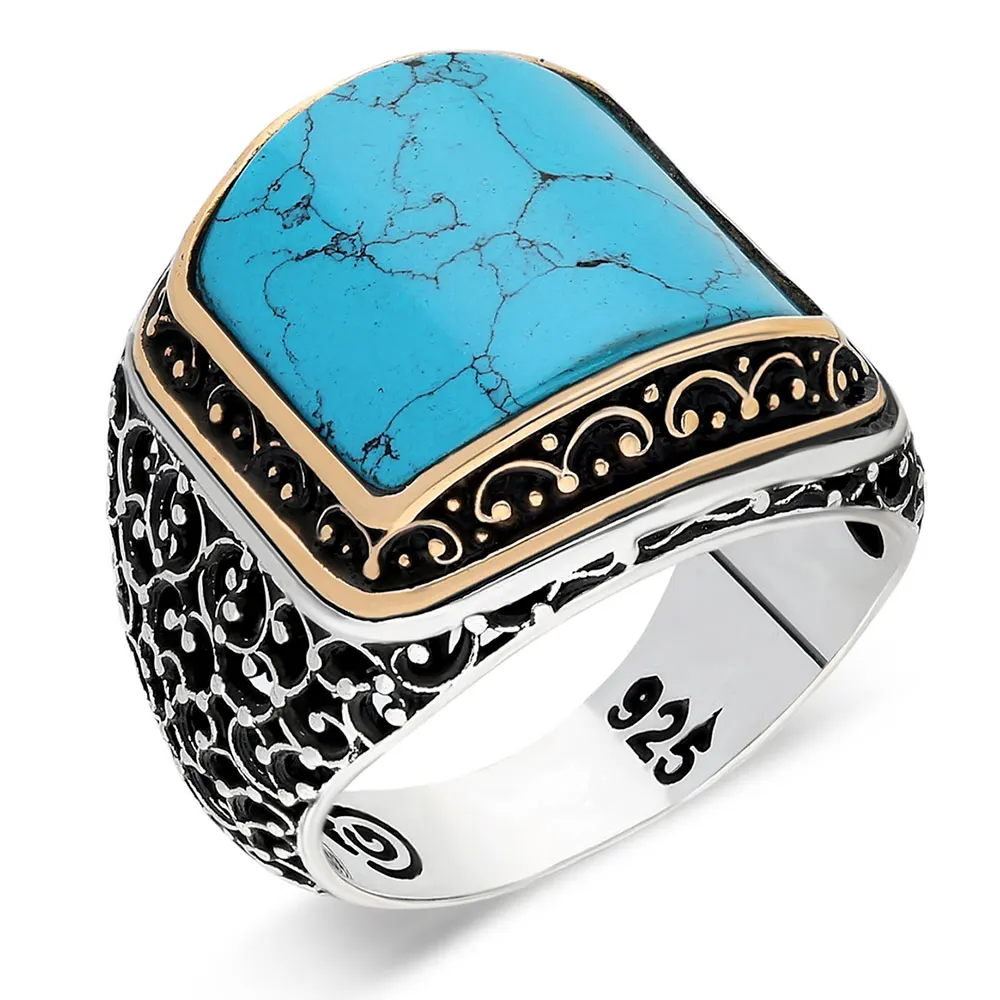 

925 Sterling Silver Ring For Man Real Pure Turquoise And Tiger Eye Stones Handmade Turkish Jewelry