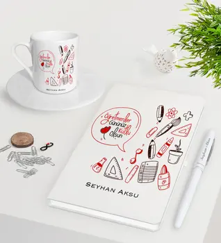 

Personalized Teachers Present-Day Happy White Notebook Pen Turkish coffee Cup Seti-2