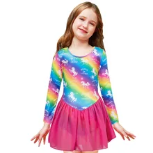 Девушка Радуга Единорог с длинным рукавом гимнастика плавательный костюм купальники Девочки балетные костюмы дети боди для балерины платье для маленькой девочки