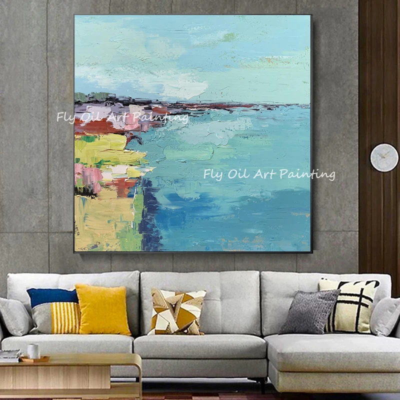 

100% простой Толстый синий холст ручной работы с изображением океана, морского берега, Скандинавская картина маслом без рамки, розовое искусство на холсте, Настенный декор, картина