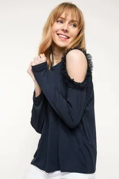 

DeFacto Women Creative Design Long Sleeve Top Tees White Blue Sexy Women Tops Casual Women Tops T-Shirts Cloth-I9780AZ18SP