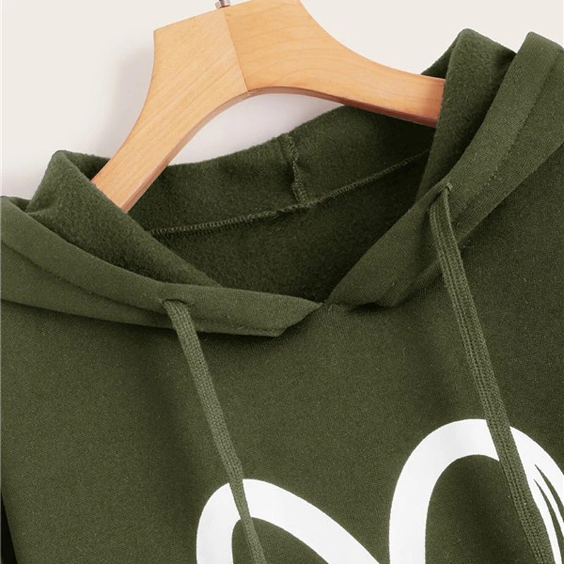 ROMWE Сердце печати кенгуру карман Drawstring женские толстовки Повседневная Толстовка с длинными рукавами Осень женская одежда Толстовка Топы