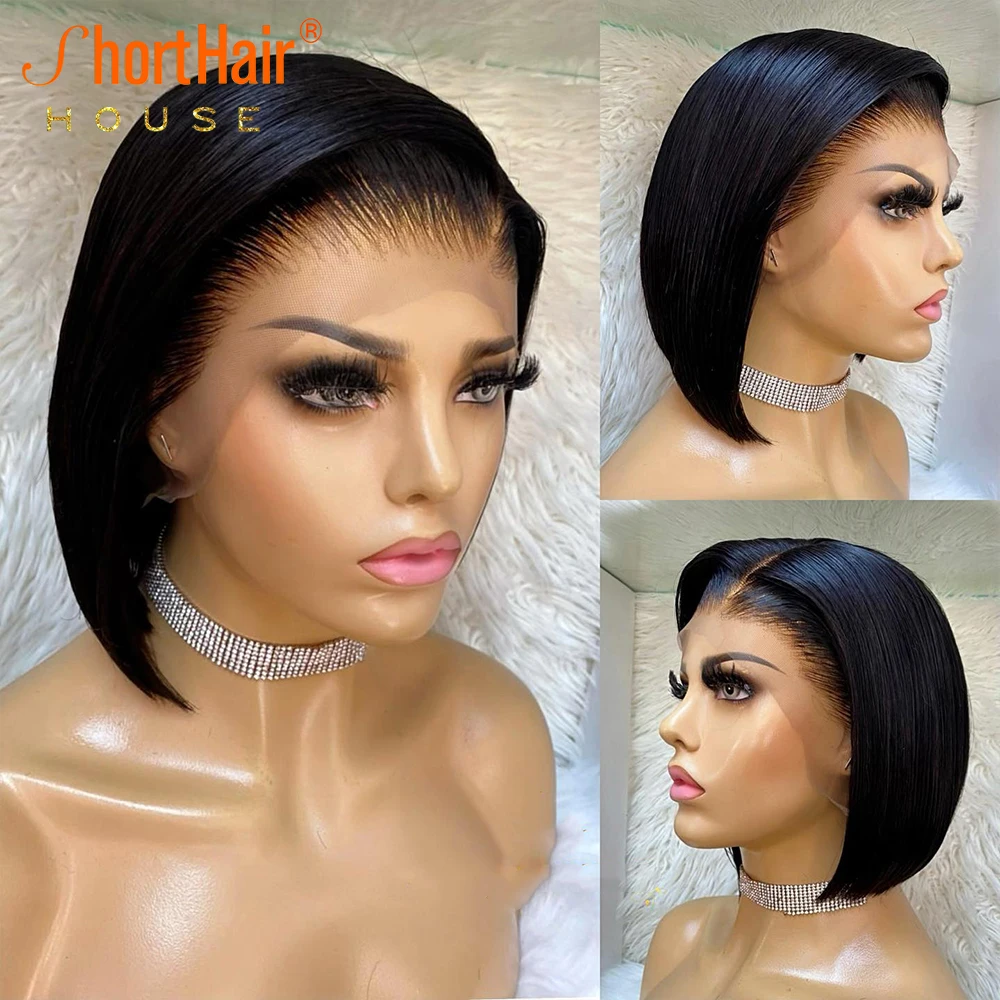 Pixie Cut Wig Human Hair Bob Wigs 613 Lace Frontal Wigs For Women Preplucked Brazilian Remy Hot Pink Color Natural Side Part Wig