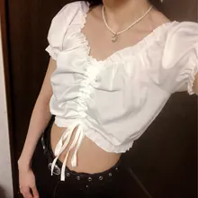 Top corto con hombros descubiertos para mujer, camisa blanca con volantes, camiseta Harajuku de manga abombada, Blusa de gasa, blusa con cordones 2021