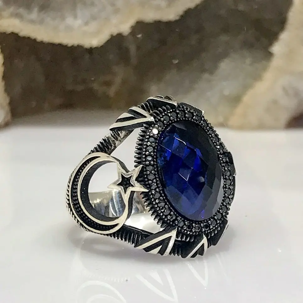 

Sapphire Stone the Moon the stars Custom Quality Silver Men 'S Ring