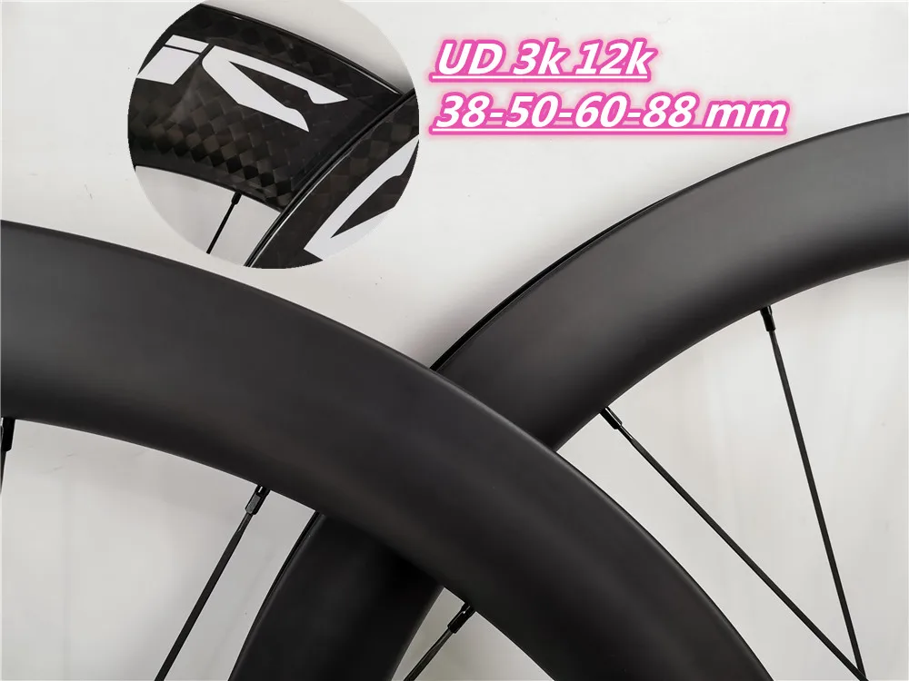 

High quality 700c 38-50-60-88mm carbon road wheels disc brakefor Road Bike UD 12K 3K Twill weave carbon clincher wheel set