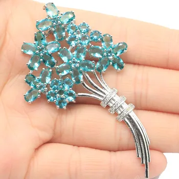 

73x42mm SheCrown Bouquet Shape Created Rich Blue Aquamarine Woman's Wedding Silver Brooch