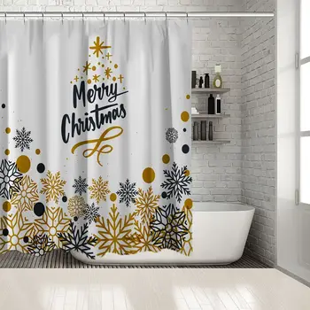 

Snowflakes Leaves Dots Decorative Merry Christmas Artwork Printed Gold Navy Blue White Shower Curtain