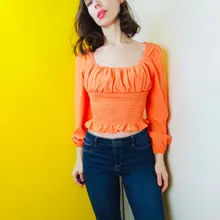 Short Blouses Womens Tops Long-Sleeve Vintage Square-Collar Casual Simple New Bow Solid