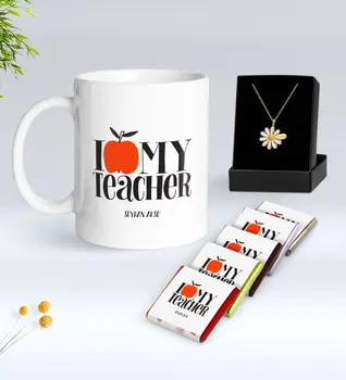 

Personalized Öğretmenimi White I Love Mug Chocolate and Is Daisy Necklace Gift Seti-3