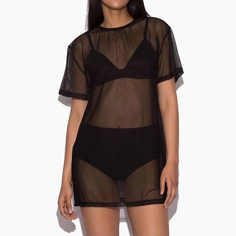 

Women Sexy See-Through Cover-Ups Ladies Bikini Fishnet Short Sleeve Black Blouse Sheer Mesh Round Neck Tops