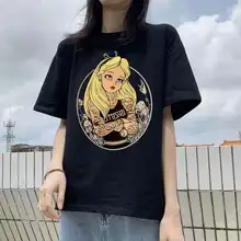 Alicia en el país de las Maravillas T Camisa de algodón de las mujeres negro Alice nieve blanca princesa pantalón corto Casual manga 90s Vogue camiseta Mujer