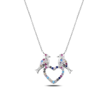 

KUTAYDAN Colorful Cubic Zirconia Heart & Bird Pendant 925 Sterling Silver