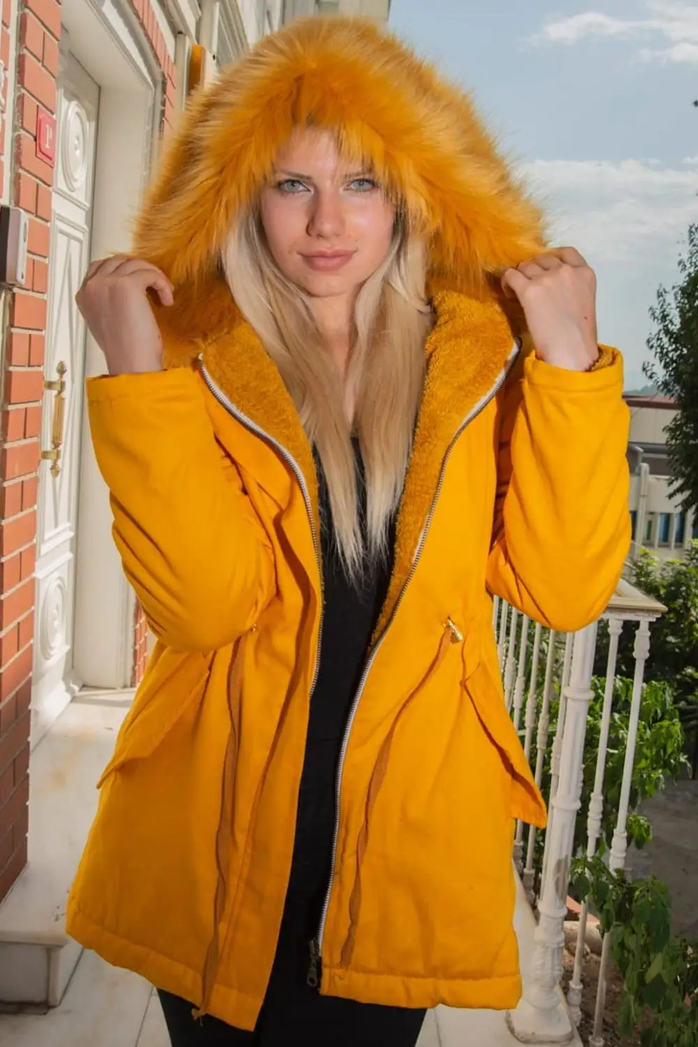 Women's mustard coat with fur hood Clearance