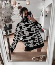 White Sweater Turtleneck Long Pullover Simplee Knitted Houndstooth Black Women Warm Fashion