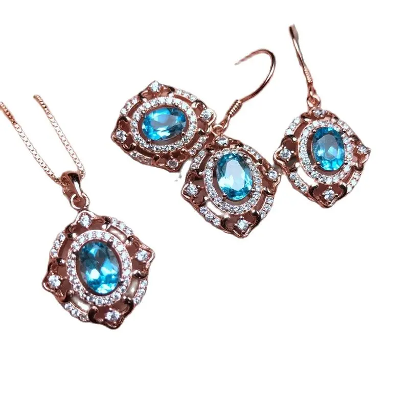 

KJJEAXCMY exquisite jewelry 925 pure silver inlaid natural torpid stone Pendant Earrings 4 sets