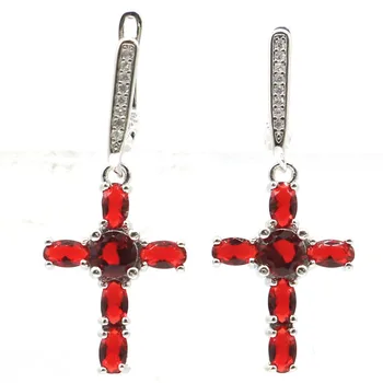 

37x15mm Pretty Cross Shape Red Blood Ruby CZ Gift For Ladies Wedding Silver Earrings
