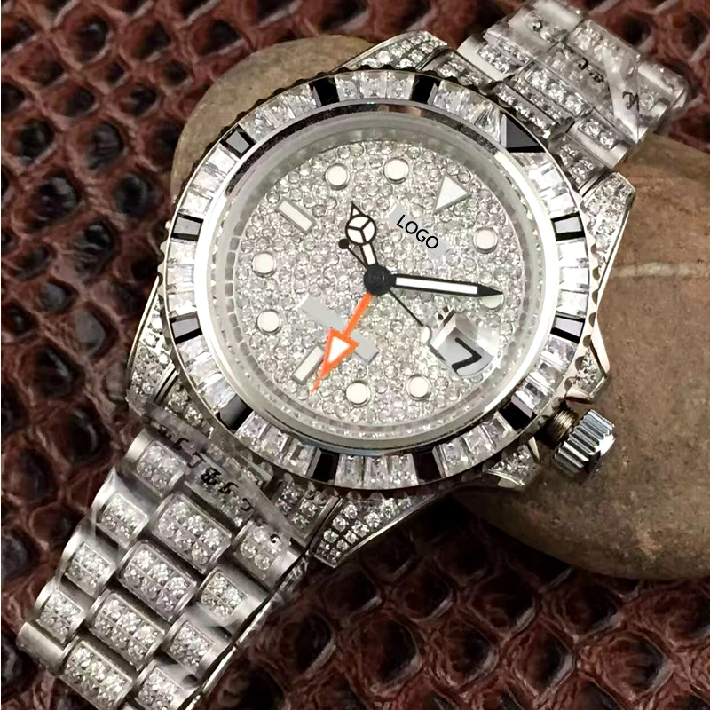 

Full Diamond Silver Rich Brandable Watch 40mm Automatic Self Wind Mechanizm Sapphire Glass Waterproof Luminous Analog Watch