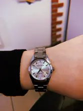 CHRONOS-Reloj de acero inoxidable con diamantes de imitación para mujer, pulsera de plata, cuarzo, resistente al agua, analógico, de negocios, esfera rosa y azul