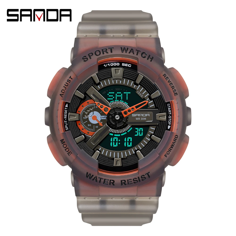 SANDA brand new luminous fashion personality men's electronic watch fluorescent watchcase waterproof timing alarm clock etc.
